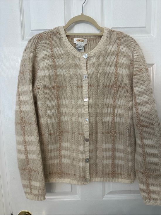 Talbots Sweaters - Talbots Cream and Tan Plaid Button-Front Cardigan